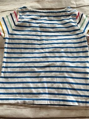 Mini Boden Blue and White Striped Short Sleeve Tee with Rainbow Sleeve Stripes